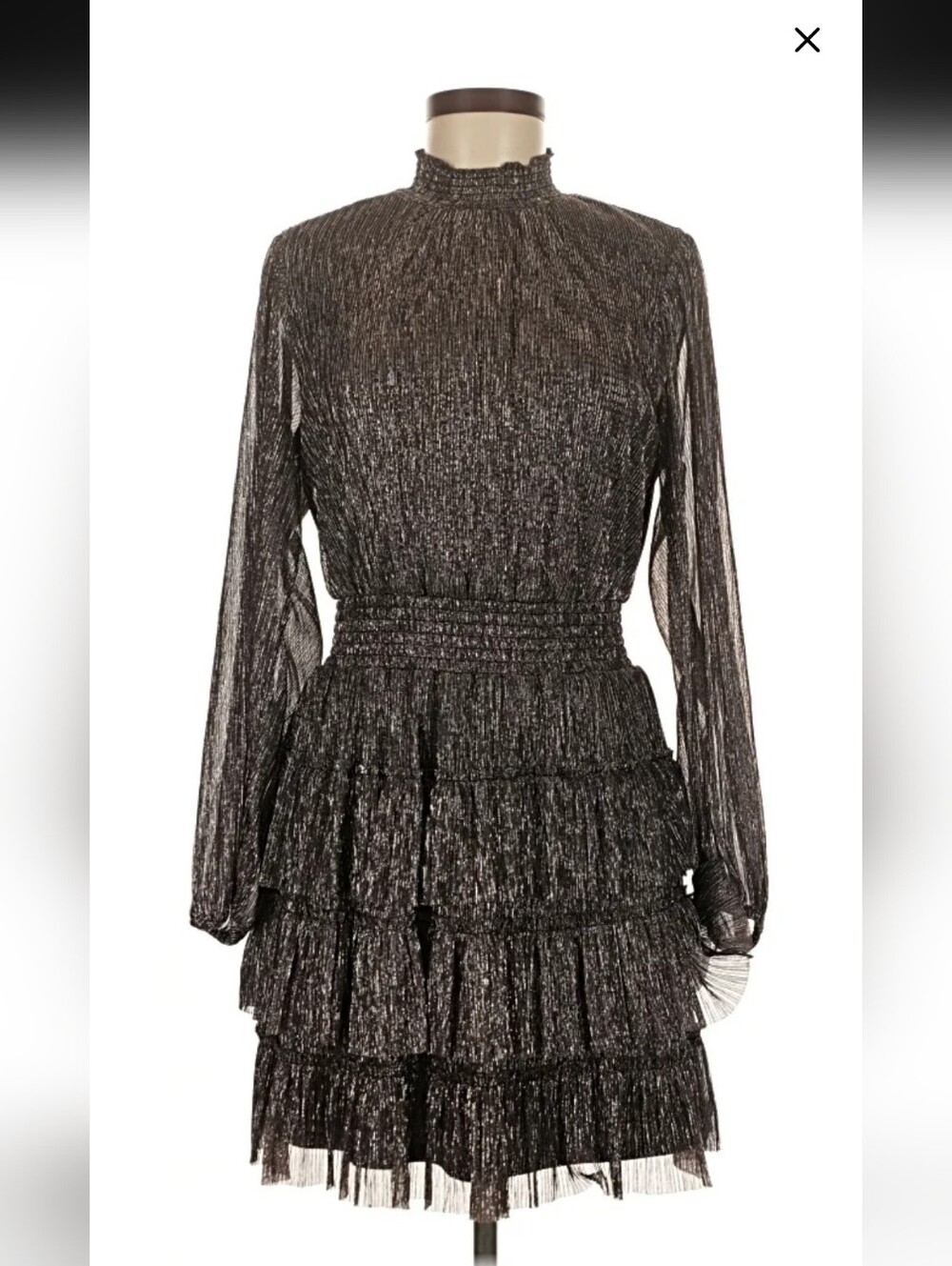 1.STATE Metallic Black Tiered Long-Sleeve Cocktail Dress